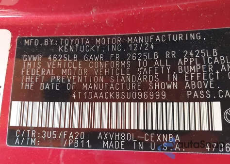 2025 Toyota Camry Le from USA, damaged, VIN 4T1DAACK8SU096999